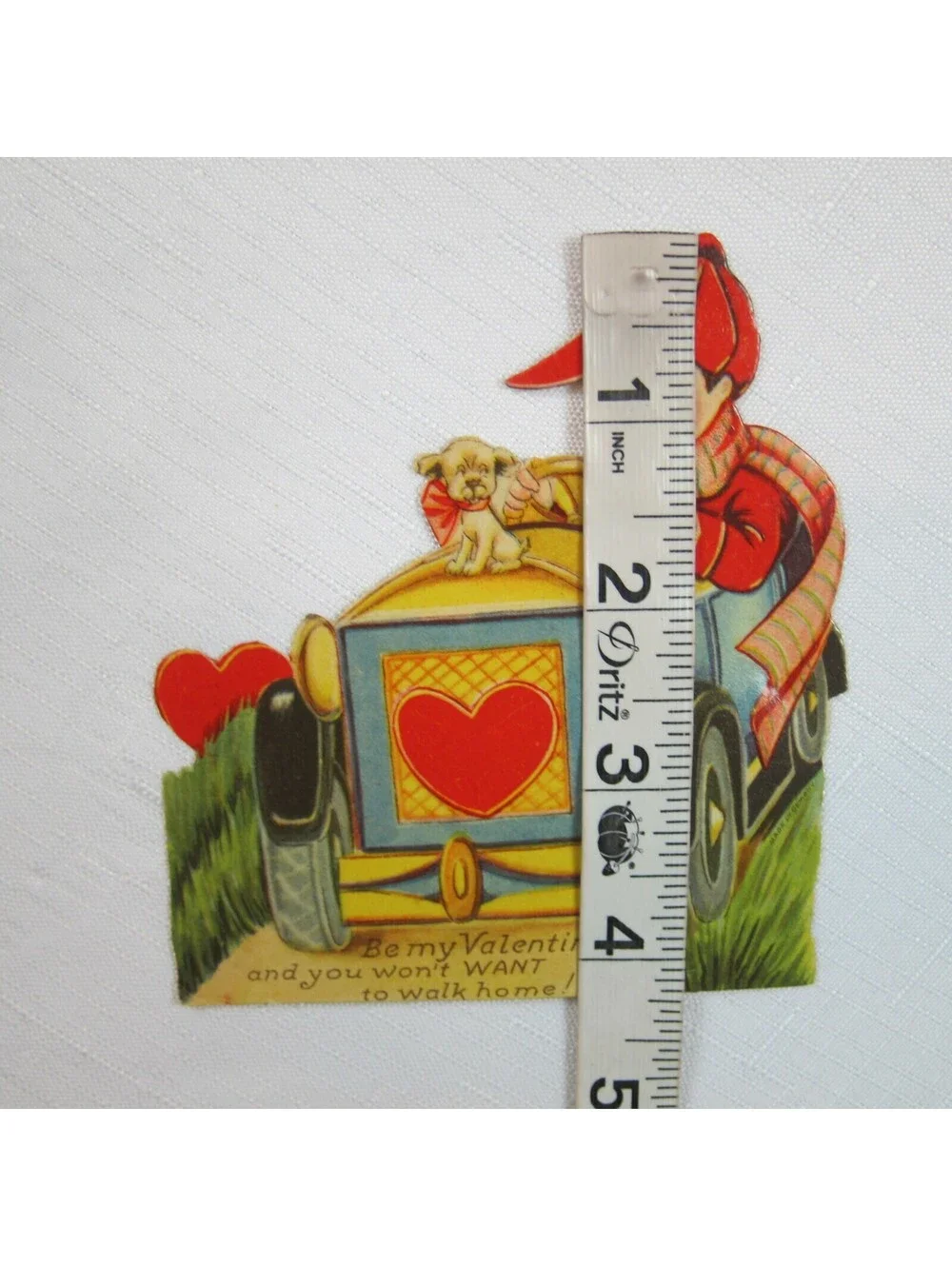 Vintage Valentine Die Cut Boy Driving with Puppy Dog Stand Up Germany 1920s-30s